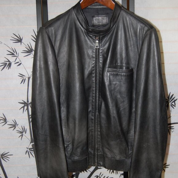 54 or 44/XL 🔥 PRADA Soft Lamb Leather Biker Rider Riding Bomber Jacket ITALY